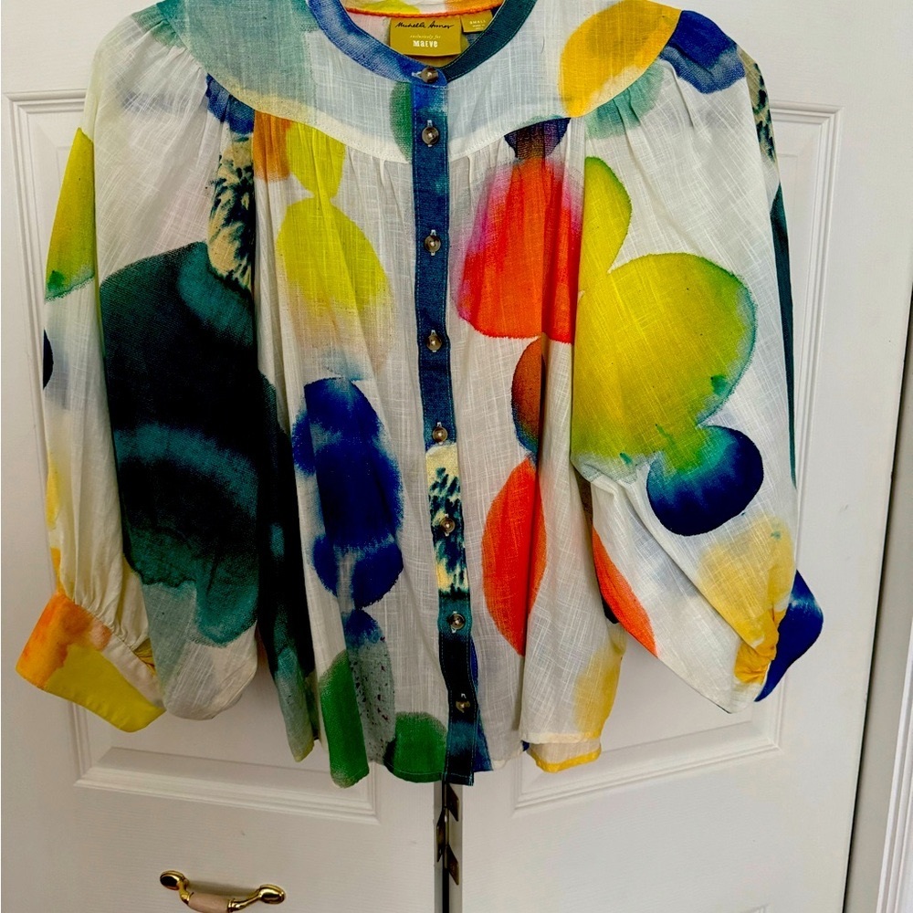Maeve colorful balloon sleeve cotton blouse.